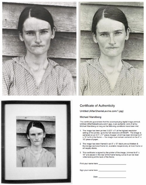 Walker Evans; After Walker Evans, Sherrie Levine (1981); After Sherrie Levine, Michael Mandiberg (2001) with certificate of authenticity 